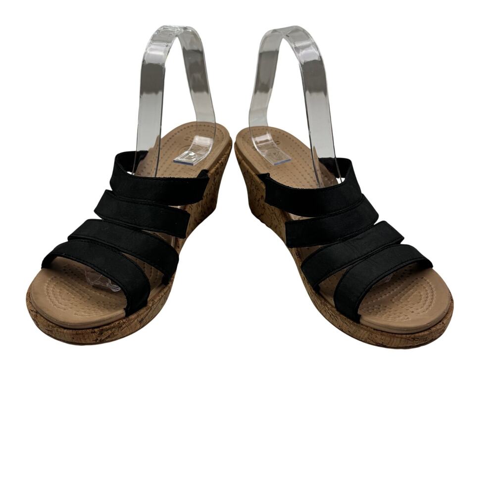 Crocs A Leigh Black Strappy Slip On Cork Comfort Wedge Sandals Women's Size 10